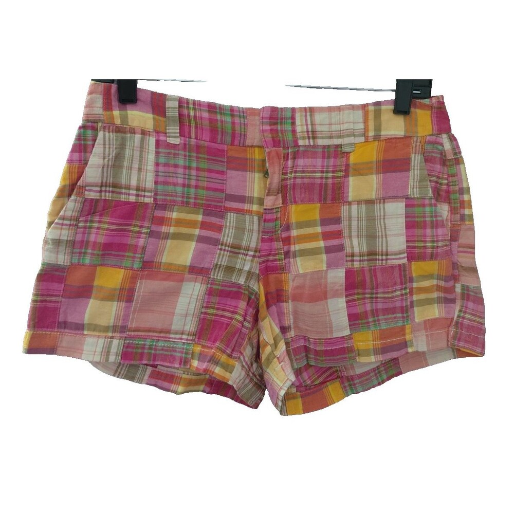 Ann Taylor Loft Shorts Womens 2 Pink Madras Plaid Patchwork Flat Front Zip 3"